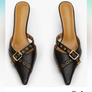 Elegant Black Women's Mules with Bronze Buckle
Pointed Toe Slippers High Heel